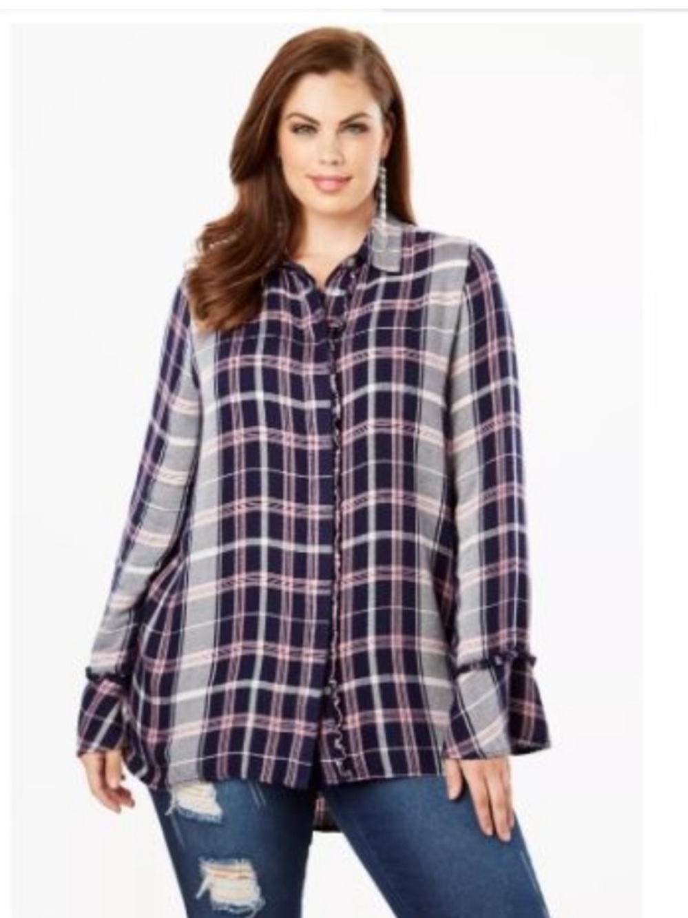 NWT 18W Plaid ruffle tunic long sleeve